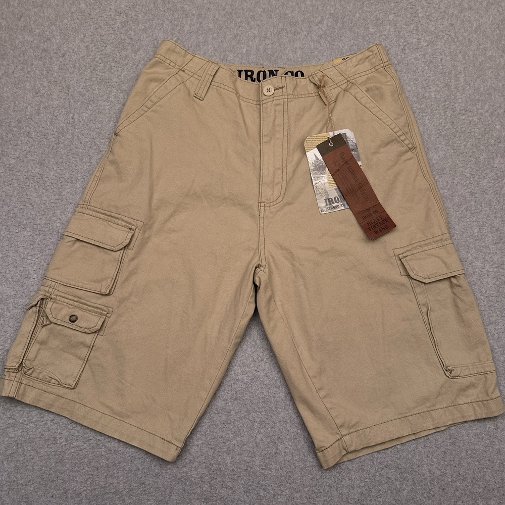 NEW Iron‎ Co Cargo Shorts Heavy Vintage Wash Men's 32 Wheat Tan 12" 100% Cotton